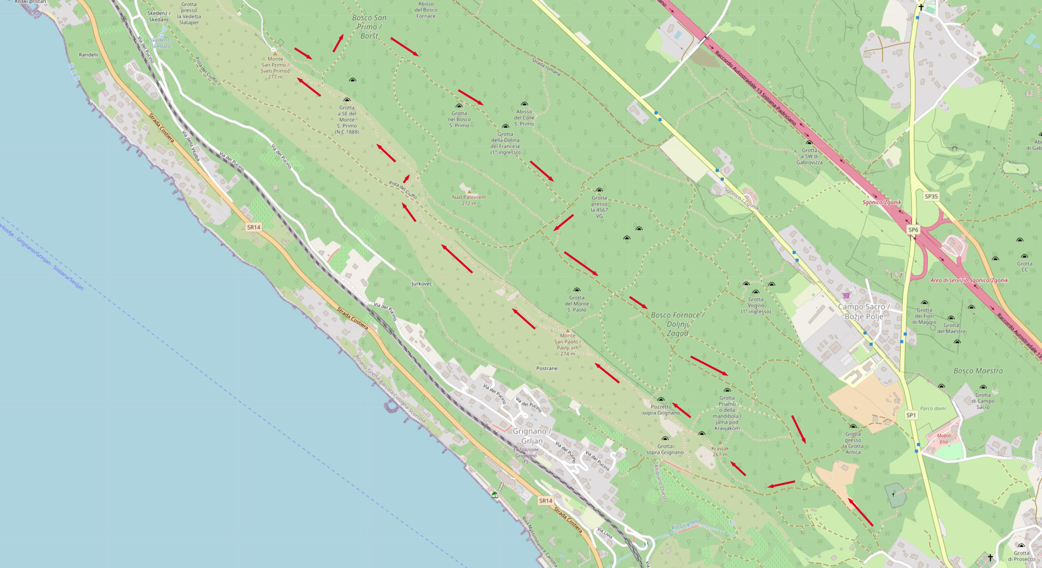 mappa escursione da Prosecco al Monte San Paolo e Monte San Primo