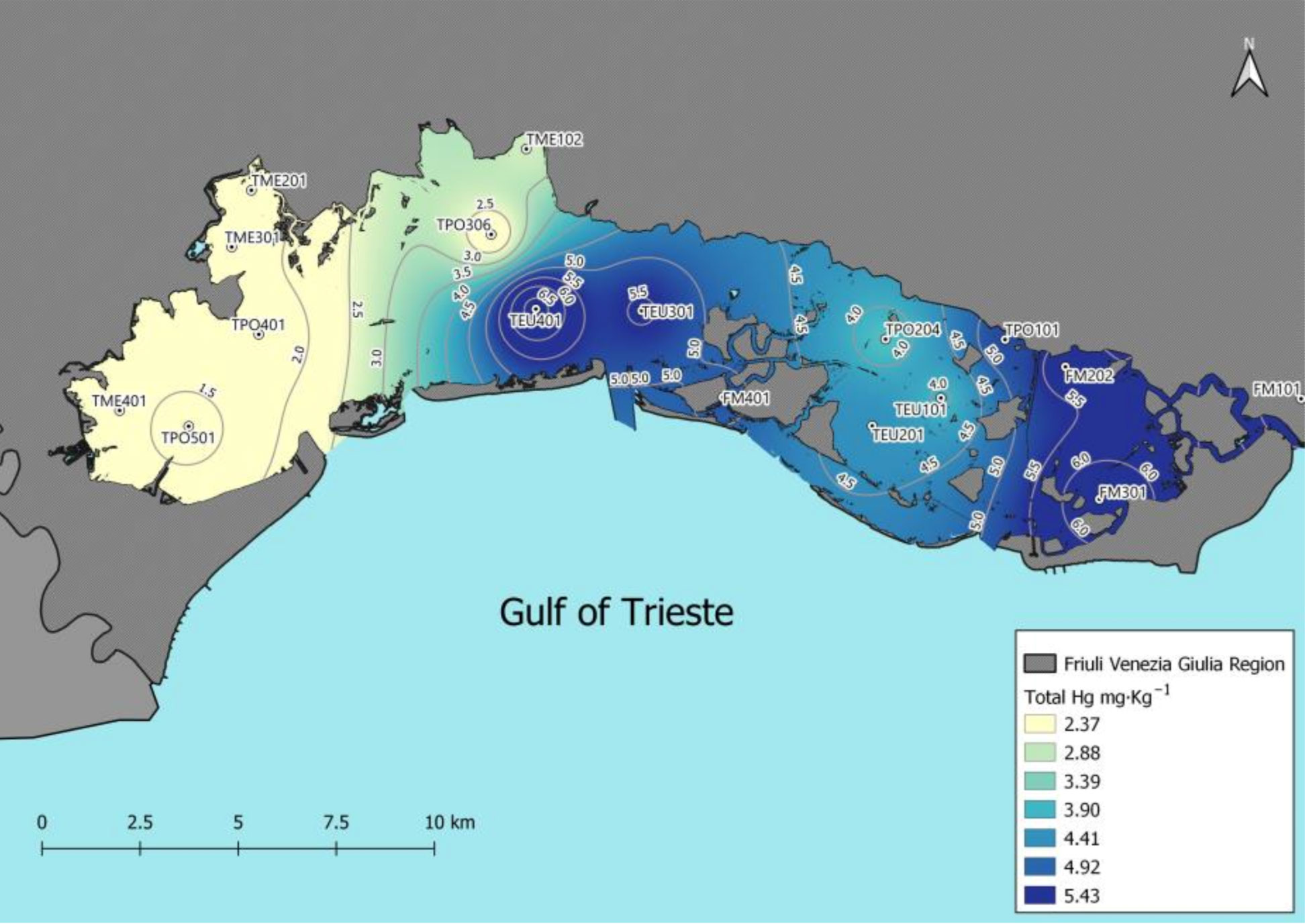 Distribuzione del Hg totale nei sedimenti superficiali della Laguna di Marano e Grado