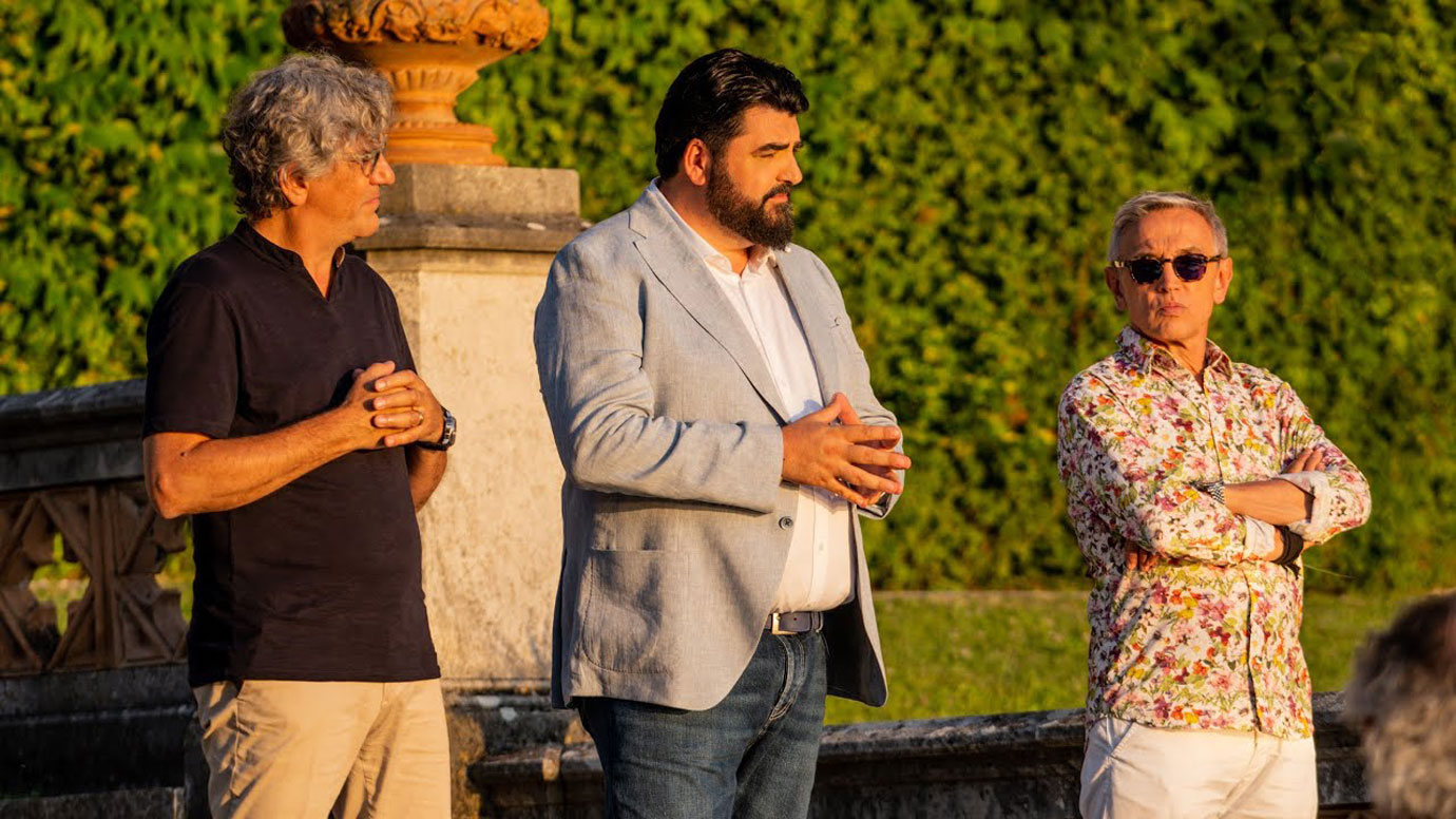 Bruno barbieri insieme agli chef Canavacciuolo e Locatelli a Trieste durante le riprese della trasmissione televisiva "Masterchef" edizione 2022