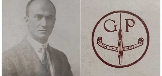 Ritratto di Giovanni Paternolli e logo della sua casa editrice goriziana